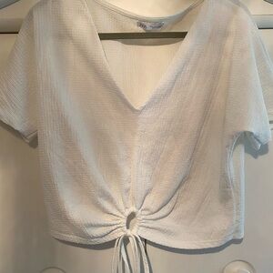 Zara White Crop Tie-Front Short Sleeve T-Shirt